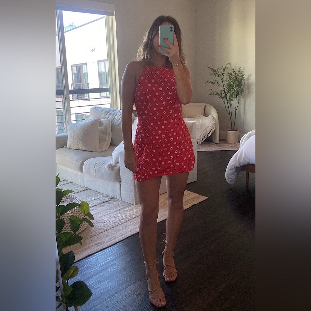 Zara High Neck Halter Daisy Print Linen Red Mini Dress in Size XS